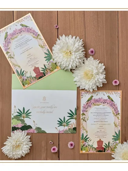 A new rendition of one of our favorite floral arch designs, this time for a naming ceremony. The lush tropical foliage and elegant script create a beautiful and celebratory announcement.