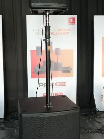 A closer look at the JBL EON ONE and PRX series speakers set up for a demo. These portable PA systems are perfect for DJs, musicians, and corporate presentations, offering a plug-and-play solution without compromising on audio quality.