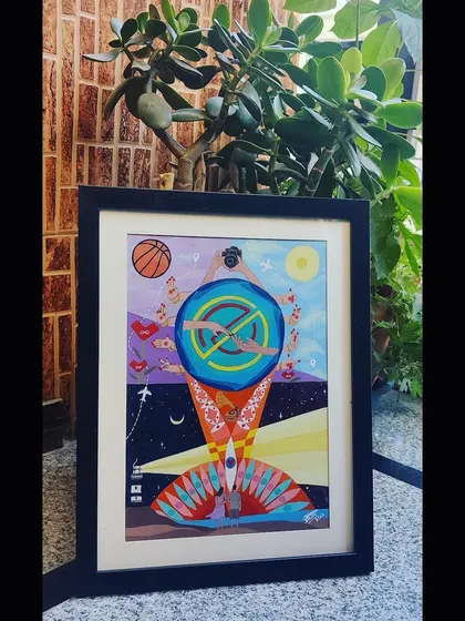 This framed artwork was a custom order designed as a special couple's gift. It weaves together personal symbols and memories, from hobbies to meaningful places, into a single, colorful composition.