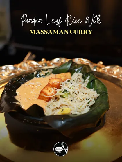 A taste of Thailand with my Pandan Leaf Rice and Massaman Curry. The fragrant rice is steamed in pandan leaves and served in a leaf bowl with a rich, mild curry, creating a harmonious and aromatic dish.