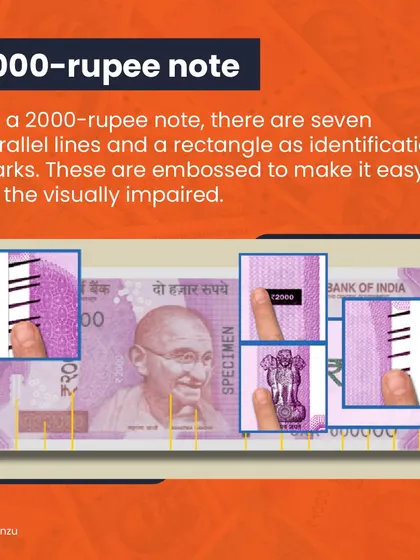 With 7 parallel lines and a rectangle, the 2000-rupee note has the most tactile features, making it easily identifiable.