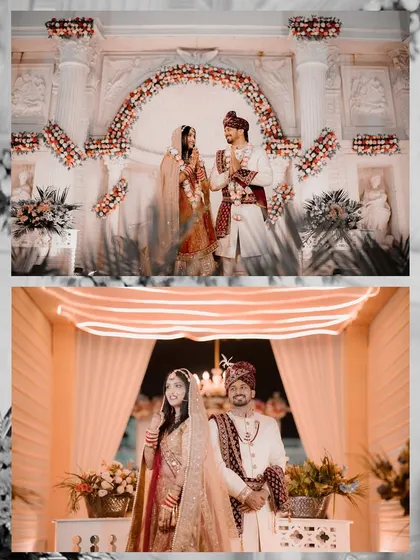 This collage shows the beauty of a traditional wedding ceremony. We capture both the formal rituals and the candid, smiling moments between the couple, set against an elegant, classic decor.