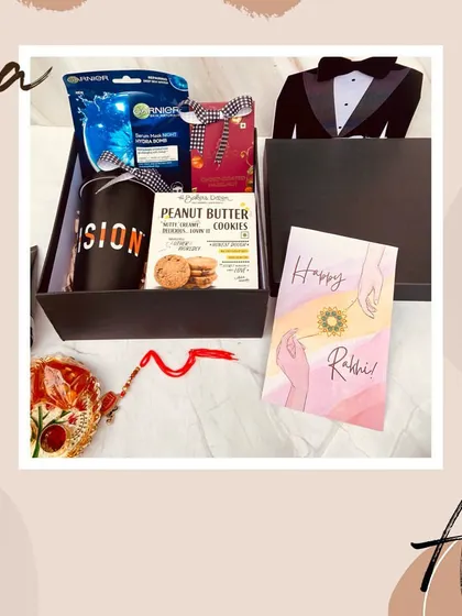 A collage presenting the complete tuxedo box hamper for a brother, showing all the curated items inside.