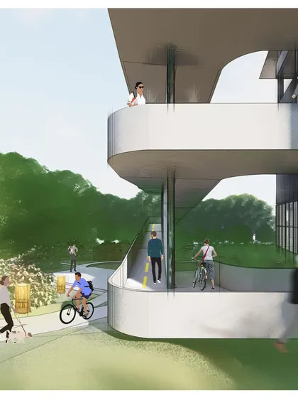 A render showing people walking and cycling along the external ramps of the COE, which are designed as pleasant, landscaped pathways rather than just functional circulation.