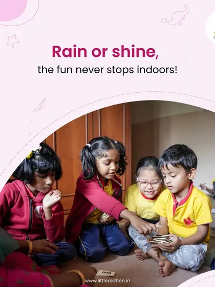 Children engaged in a group activity on the floor of our clean and well-equipped indoor play area. Rain or shine, the fun and learning never stop indoors.