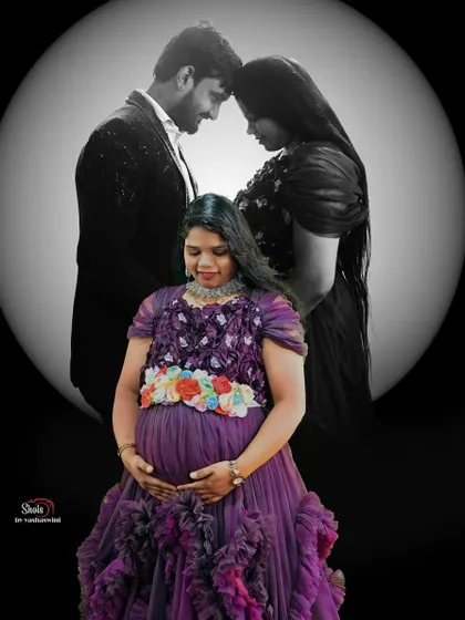 A creative composite photo from a maternity shoot, blending a color portrait with a black and white image. I can create these artistic edits for your album.