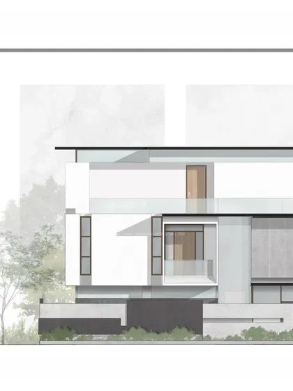 A 2D conceptual render for 'The Parasol,' an upcoming residential project. This drawing establishes the design's core principles of clean lines and layered transparency.
