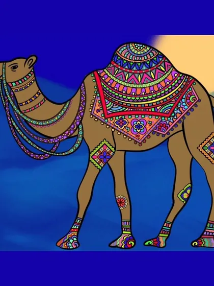 A full-body view of the decorated camel, showing the complete composition of patterns from head to toe.