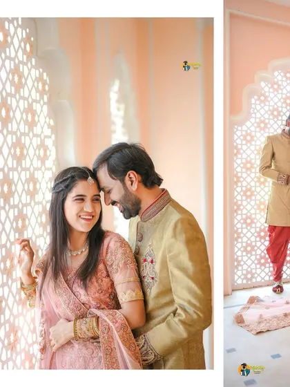 A collage showing a romantic couple's portrait and a solo shot of the groom. This highlights the beautiful architecture of the location and the couple's elegant attire.