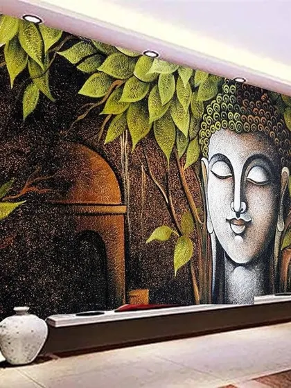 A beautiful Buddha mural with a textured, dark background and bright green leaves. This design combines natural elements with spiritual imagery to create a peaceful and grounded atmosphere.