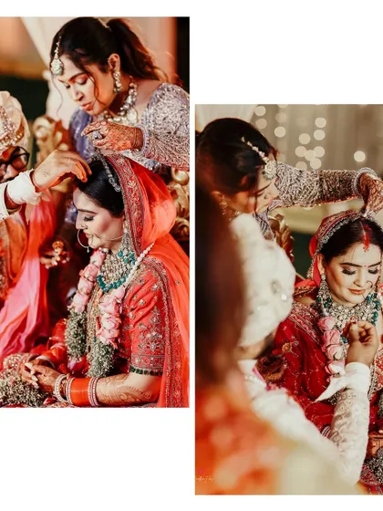 A touching moment during the wedding ceremony as a family member places the sindoor, a significant and emotional ritual.