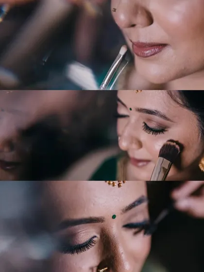 A collage of close-up shots showing the details of a bride's makeup application.