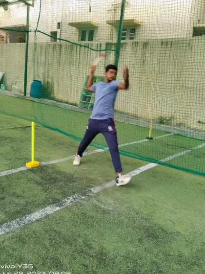 A collection of our bowlers during net sessions. You can see the variety we nurture, including young leg-spinners, medium pacers, and left-arm spinners, all honing their skills.