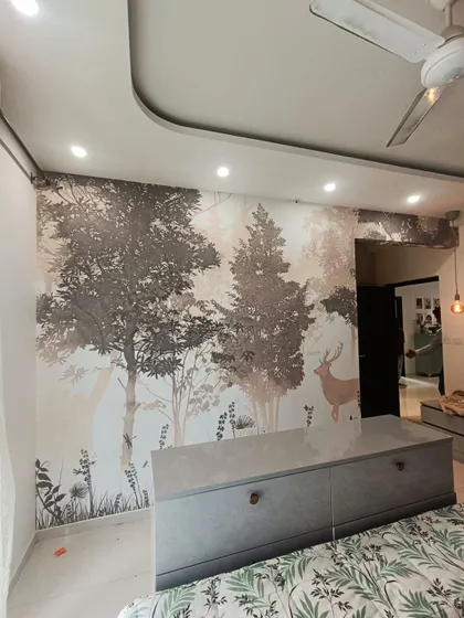 Another angle of the forest and deer mural, showing its placement above a console table.