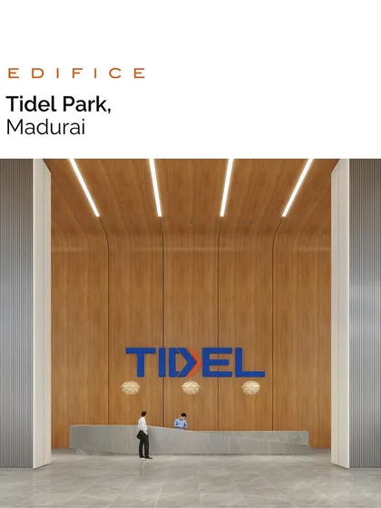 The reception area rendering for TIDEL Park, where wood-paneled walls and a patterned ceiling inspired by local motifs create a welcoming entrance. The design fuses cultural heritage with cutting-edge technology.