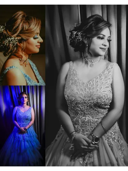 A creative collage of the bride's portraits, using a mix of color, black and white, and dramatic blue lighting to showcase her look from different artistic perspectives.