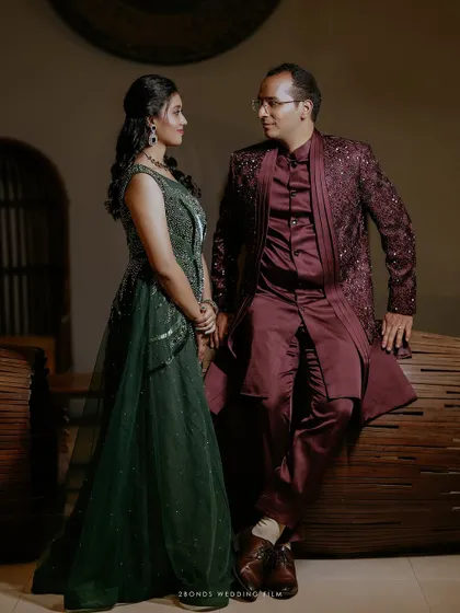 A classic, romantic portrait of the couple looking into each other's eyes during their reception.