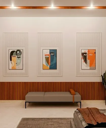 The wall opposite the bed features a floating TV console and abstract art, continuing the theme of warm wood and clean lines. The design is functional and stylish, creating a cohesive look throughout the room.