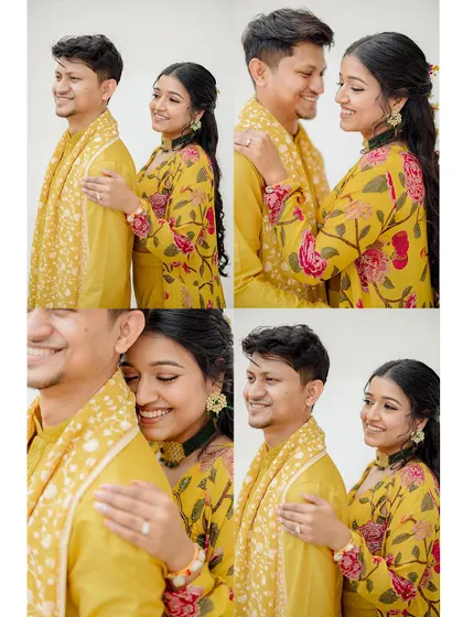 A collage of sweet and romantic portraits of the couple in their matching yellow floral outfits for the Haldi ceremony.