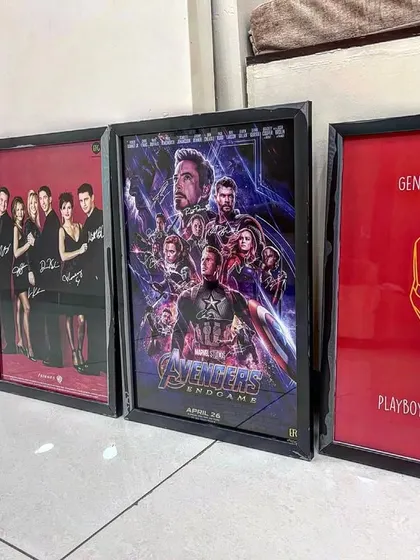 A closer look at the fandom frames. This shot highlights the vibrant colors of the Iron Man and Avengers: Endgame posters. These are perfect for decorating a bedroom or office.