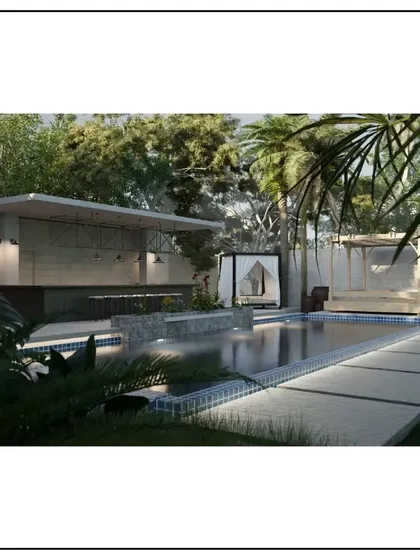 A realm where dreams transcend into architectural marvels. This rendering showcases a luxury pool area with a dedicated bar and cabana, designed for sophisticated entertaining and relaxation.