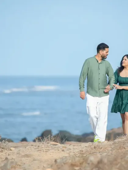 A casual stroll along the coast during a pre-wedding shoot. I aim to make my sessions feel like a relaxed date, which helps in capturing natural and authentic moments.