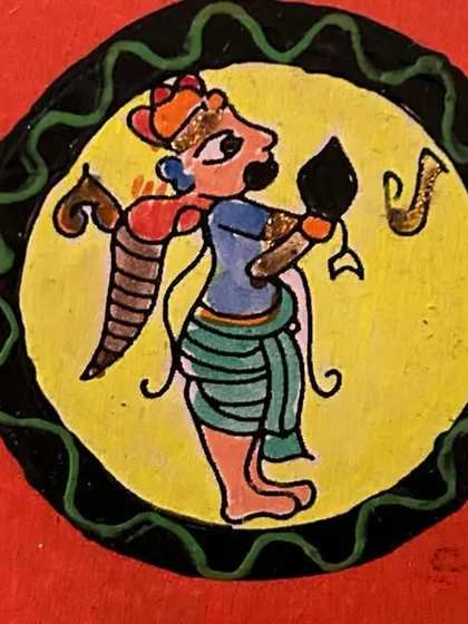 A hand-painted coaster showing a figure with a bow and arrow, rendered in the traditional Ganjifa folk art style. Each coaster is a small tribute to this historic art form.