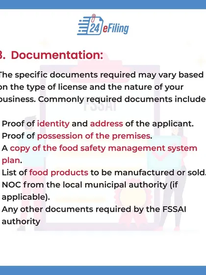 We help you gather all the necessary documents for your FSSAI application. This typically includes proof of identity, proof of premises, a food safety management plan, and a list of your food products.