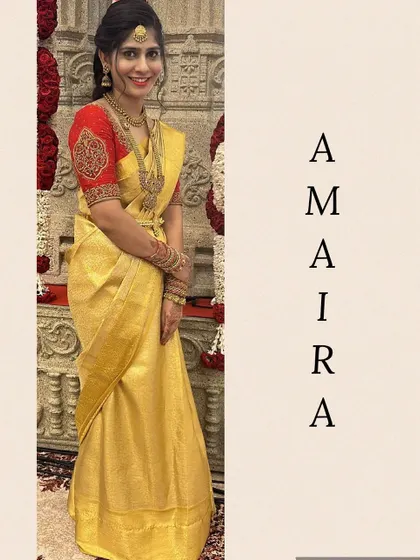 My beautiful client looking so graceful. I designed her red blouse with traditional gold embroidery to perfectly suit her yellow silk saree.