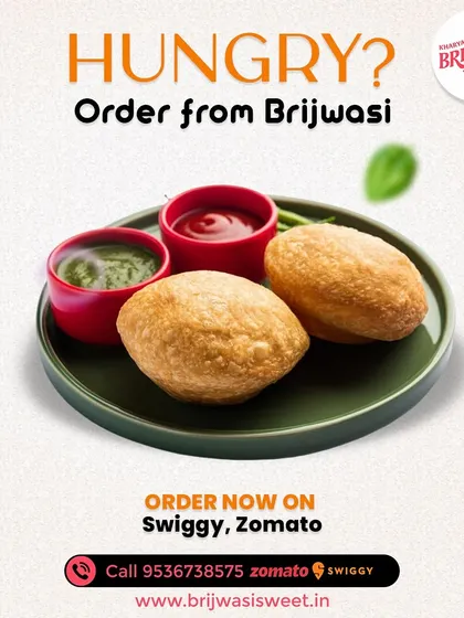 Hungry? Order my crispy fried Bedmi Puri, served with tangy green and sweet red chutneys. A perfect snack to satisfy your cravings.