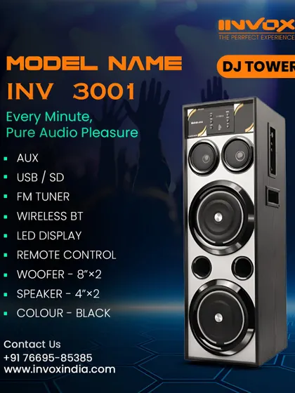 My DJ Tower model INV 3001 is designed for pure audio pleasure. It comes packed with dual 8-inch woofers, wireless Bluetooth, and a remote control for a seamless experience.