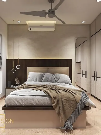Another angle of the Powai guest bedroom render, showcasing the full-length wardrobe and integrated dressing unit.