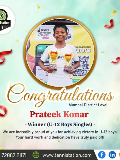 Two trophies for Prateek Konar, the winner of the U-12 Boys Singles at the Mumbai District Level. This is a testament to his skill and competitive spirit.