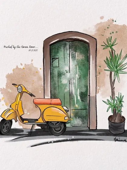 A sunny yellow Vespa parked by a green door. This vibrant illustration captures a slice of life with a pop of color, perfect for a cheerful and stylish art print.