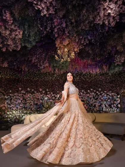 Mahima twirling in her magnificent lehenga. The makeup is designed to be flawless in motion, ensuring she looks perfect in every photo and video from her special night.