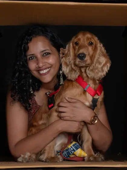 A beautiful portrait of a woman and her cocker spaniel. The "in the box" setup allows for unique, intimate portraits that focus on the bond.
