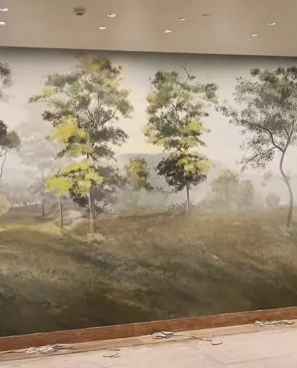 A closer view of the beautiful, misty forest mural at the Park Hyatt.