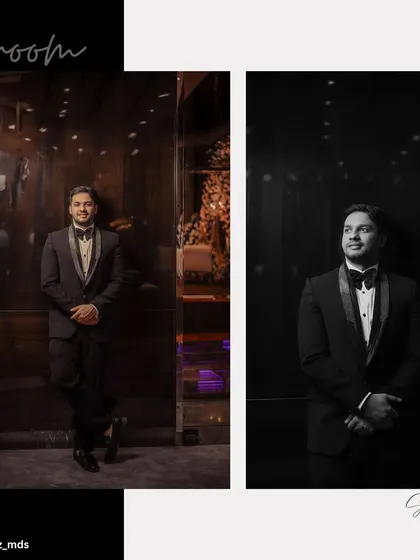 A stylish black and white collage of the groom on his engagement day, looking sharp in his tuxedo.
