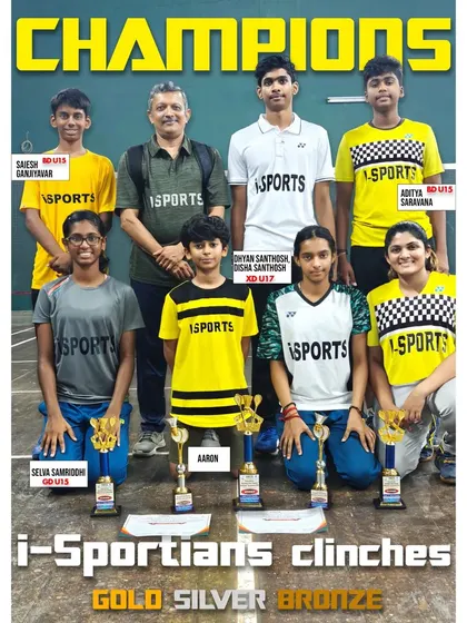 A magazine-style poster celebrating our i-Sportians' podium finishes at the Davangere tournament, with gold, silver, and bronze medals.
