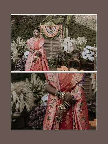 A two-part layout showing both a full portrait and a close-up of the bride's hands and saree details. It highlights both the overall look and the fine craftsmanship of her attire.