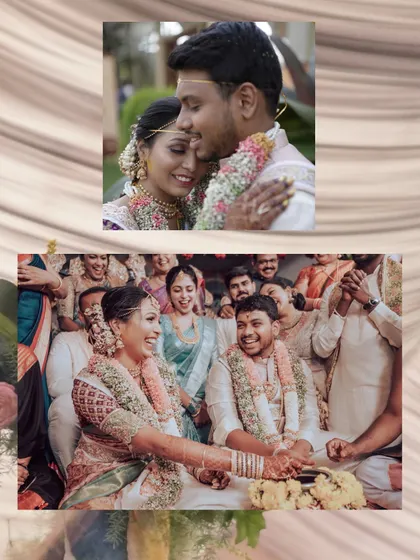A collage celebrating a year of togetherness, featuring beautiful moments from the wedding day.