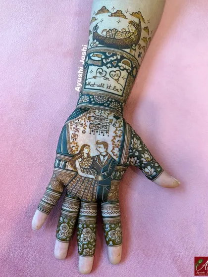 A close-up of the right hand, showing the portrait of the happy couple and the "he or she" gender reveal element.