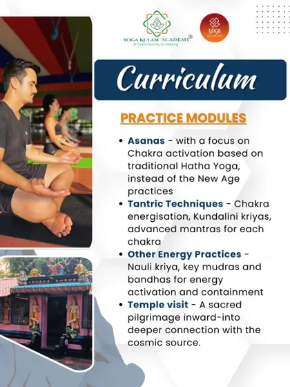 A look into the practice modules of our Tantra and Kundalini course. This graphic details the focus on chakra activation, Tantric techniques, and sacred temple visits for a deeper connection.
