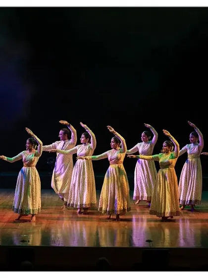 Another look at the storytelling power of Kathak. The synchronized poses of our dancers create a powerful visual narrative, where every footstep and gesture contributes to the unfolding story.