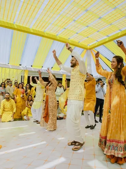 The groom and his squad performing a choreographed dance for the bride. We help coordinate these fun surprises.