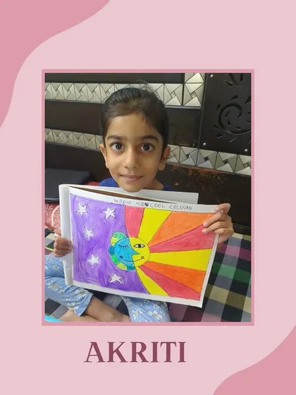 Akriti's artwork beautifully illustrates the concept of warm and cool colors with a smiling sun and a peaceful, starry earth.