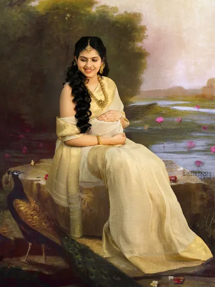A truly unique maternity portrait inspired by the classic paintings of Raja Ravi Varma. The mother-to-be is styled in a traditional off-white saree with gold jewelry, seated gracefully by a painted lakeside scene with a peacock, creating a timeless and artistic masterpiece.