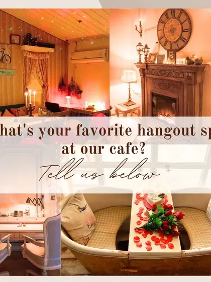 I've created several distinct hangout spots in the cafe. This image collage showcases some favorites: the fireplace, the study table, and the bathtub dining area, each offering a different vibe.