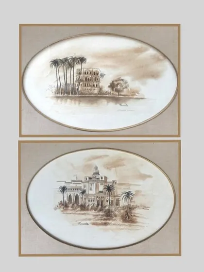 A pair of watercolours by Phaneendra Nath Chaturvedi depicting the 'Splendours of Lucknow': 'Sathkanda' and 'Chhatar Manzil'. Offering such pairs allows collectors to create a cohesive narrative on their walls.