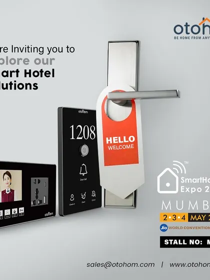 We invite you to explore our smart hotel solutions, designed to transform the hospitality industry. This system shows our integrated door panel, which combines room number, a doorbell, and service requests.